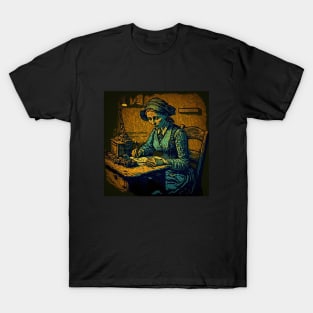 Van Gogh-style illustration of a woman sitting at a table T-Shirt